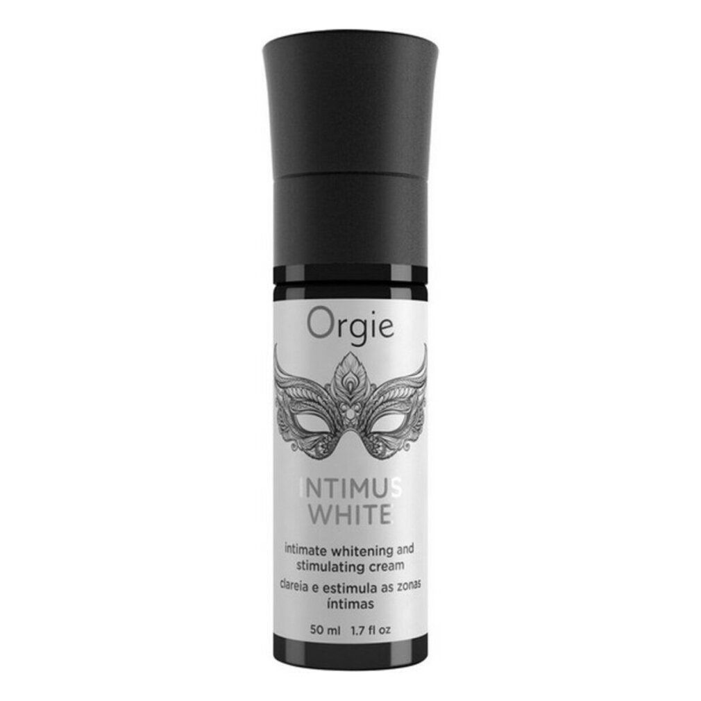 Orgie Intimus White Creme-Tube. Schwarze Tube mit Masken-Design. Text: Intimus White, 50 ml.