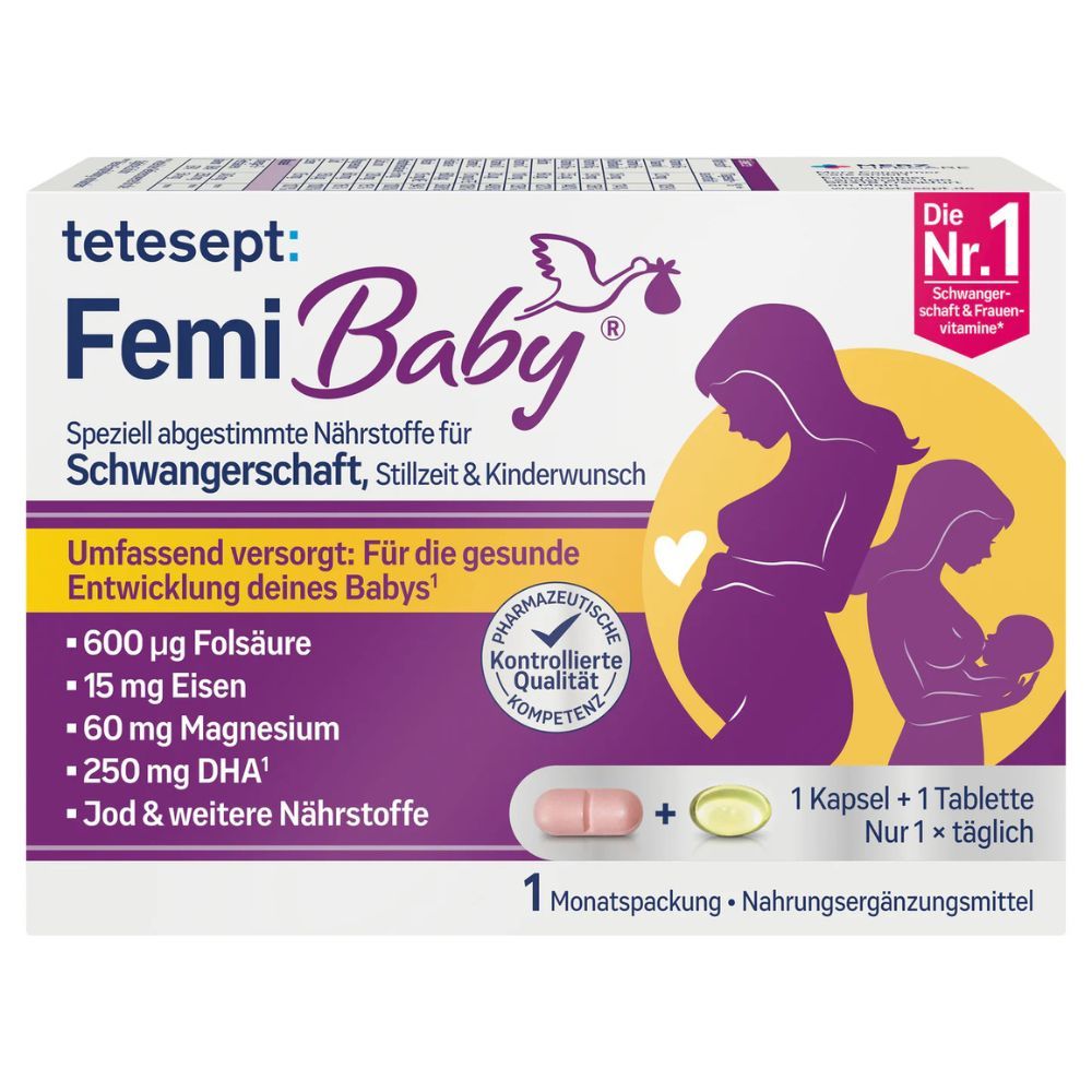 Verpackung von tetesept Femi Baby. Enthält Tabletten und Kapseln. Mit Logo und Text: Speziell abgestimmte Nährstoffe.