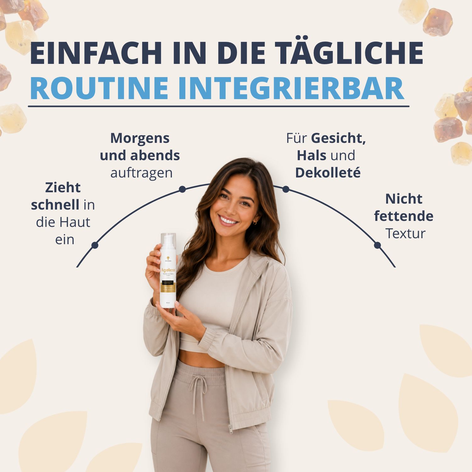 Frau mit Golden Tree Ageless Creme. Einfach in die tägliche Routine integrierbar, zieht schnell ein, nicht fettende Textur.