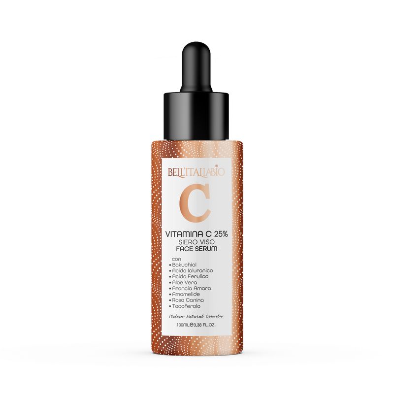 Braune Flasche mit schwarzem Deckel und Pipette. Aufschrift: Vitamin C 25% Face Serum. Enthält Bakuchiol, Aloe Vera und andere Inhaltsstoffe.