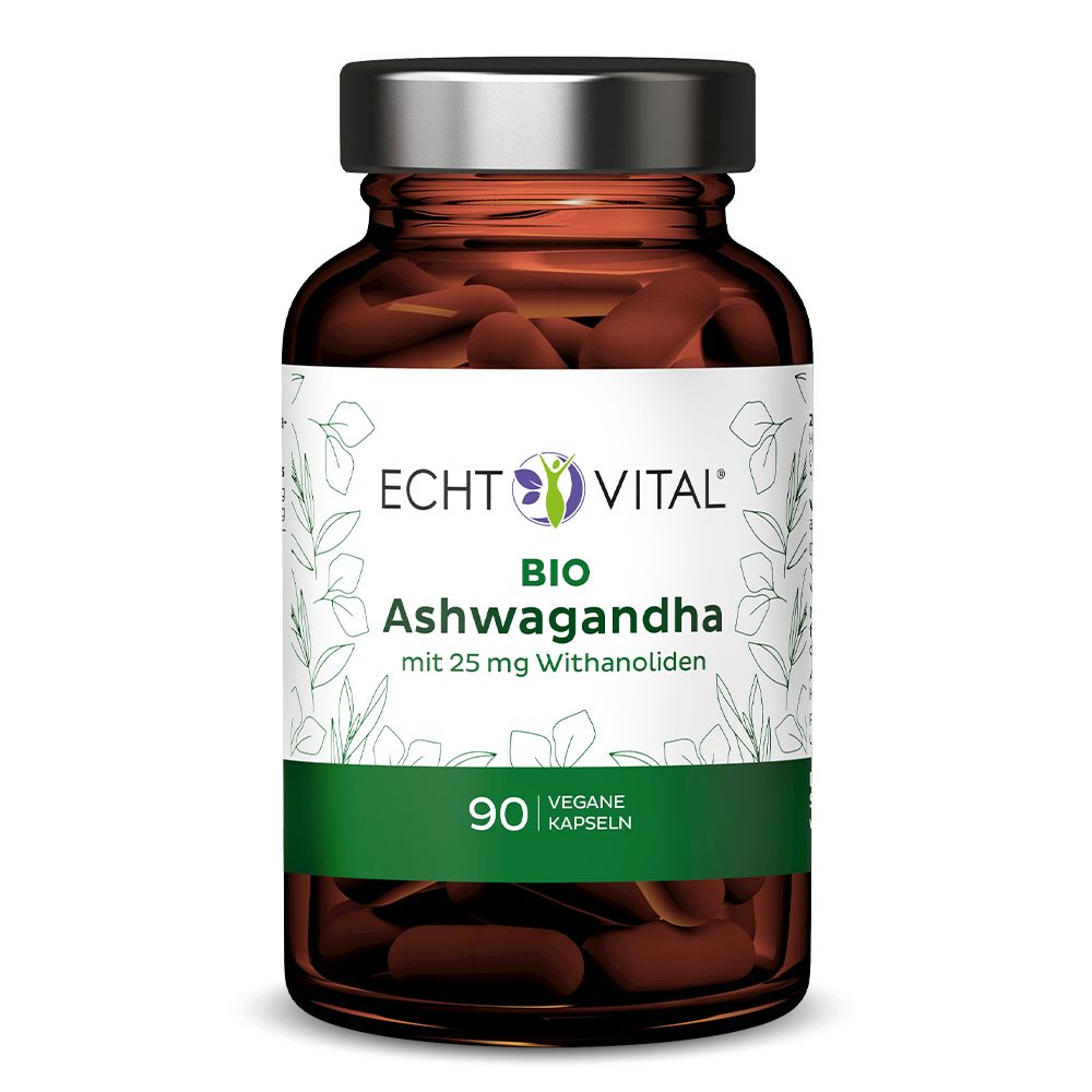 Braune Glasflasche mit Kapseln. Etikett mit "Echt Vital Bio Ashwagandha", 90 Kapseln. Grüner Streifen mit Text.