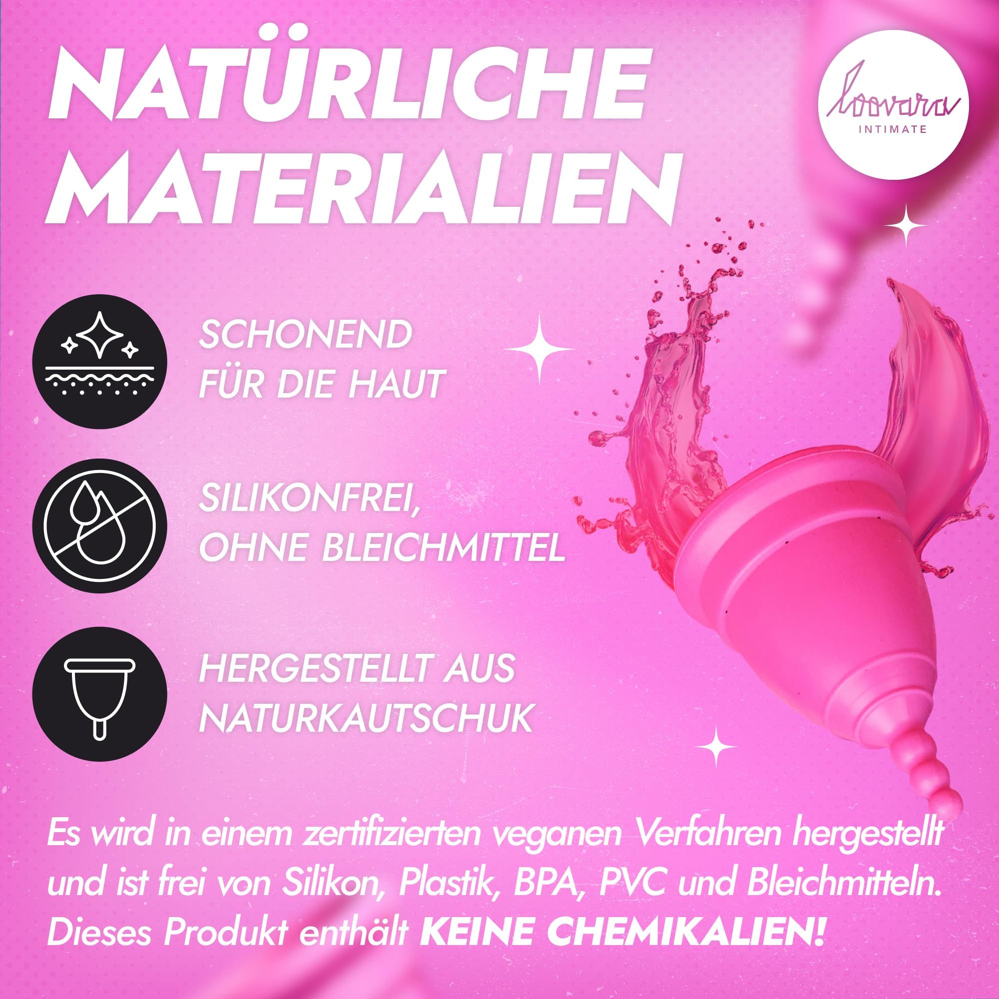 Rosa Menstruationstasse aus Naturkautschuk, Größe L. Hergestellt aus natürlichen Materialien, silikonfrei.