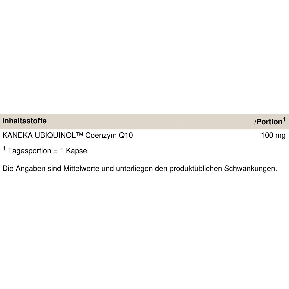 Text: Inhaltsstoffe: KANEKA UBIQUINOL Coenzym Q10, 100 mg pro Portion. Informationen zu Tagesportionen und Schwankungen.