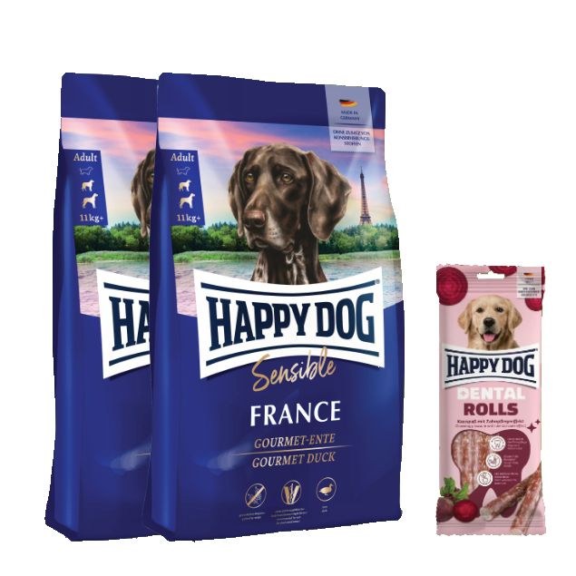 Happy Dog Sensible France Doppelpack + Dental Rolls für Hunde 22,1 kg