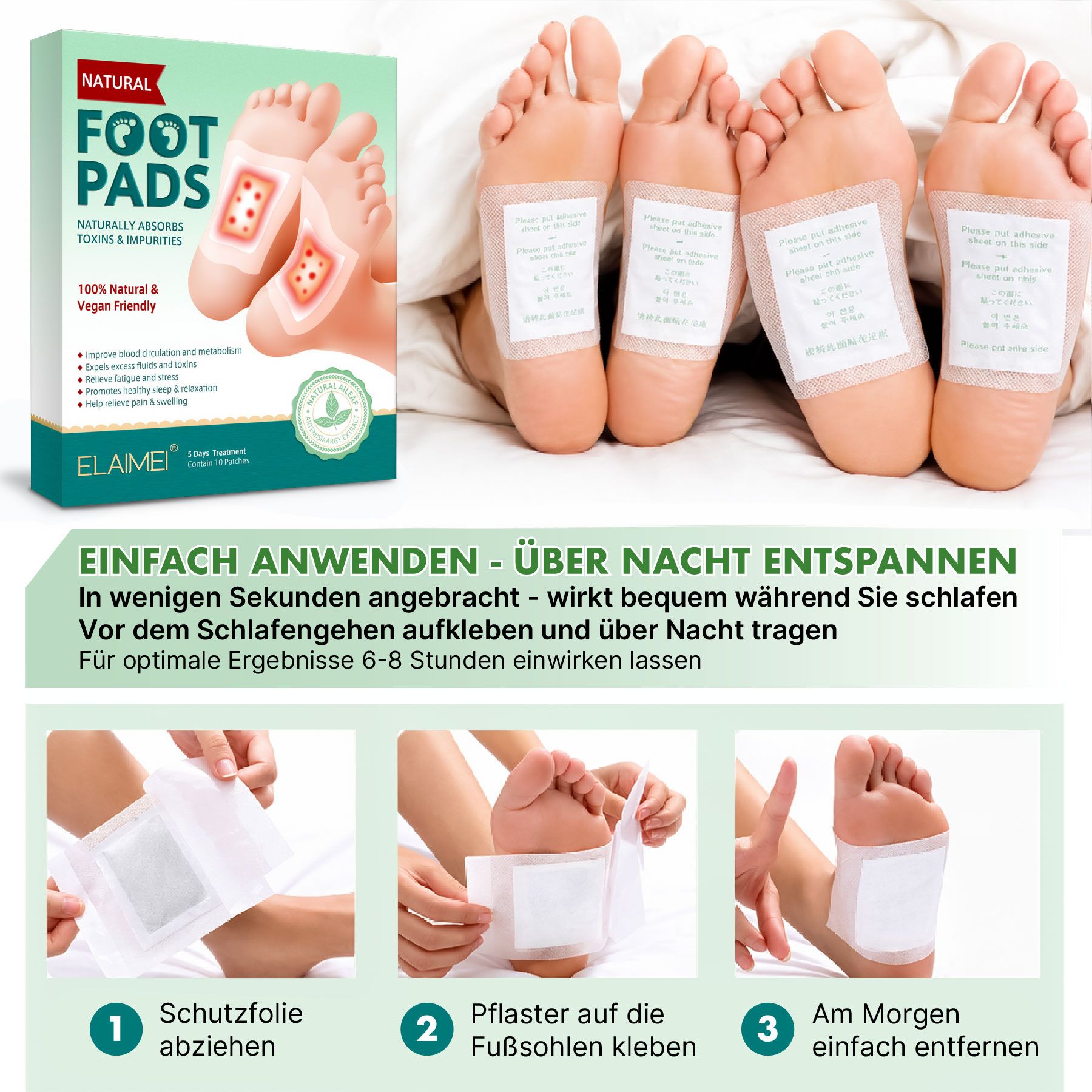 Fußpads auf Füßen über Nacht angewendet.