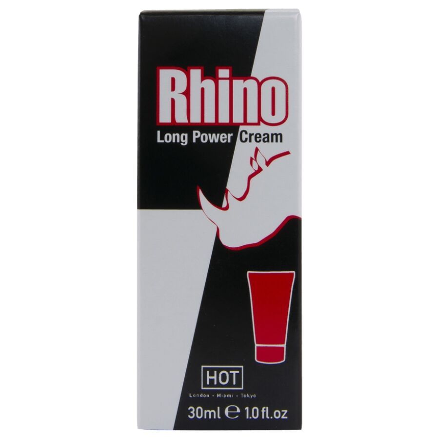 Verpackung für Rhino Long Power Cream mit Nashorn-Logo und roten Akzenten. Enthält 30ml.