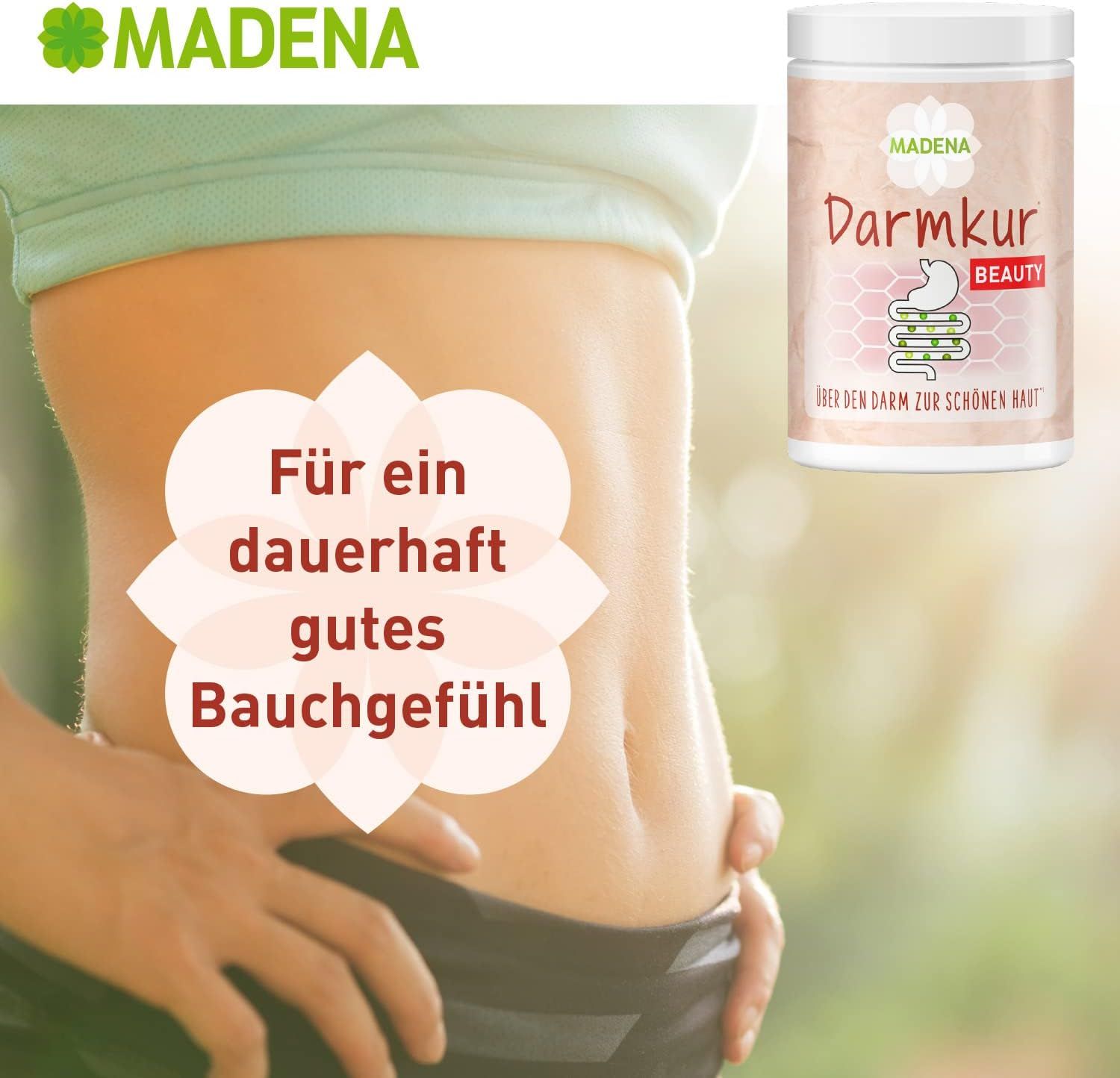 MADENA Darmkur Beauty-Dose. Text: Für ein dauerhaft gutes Bauchgefühl. Frau mit Bauch.