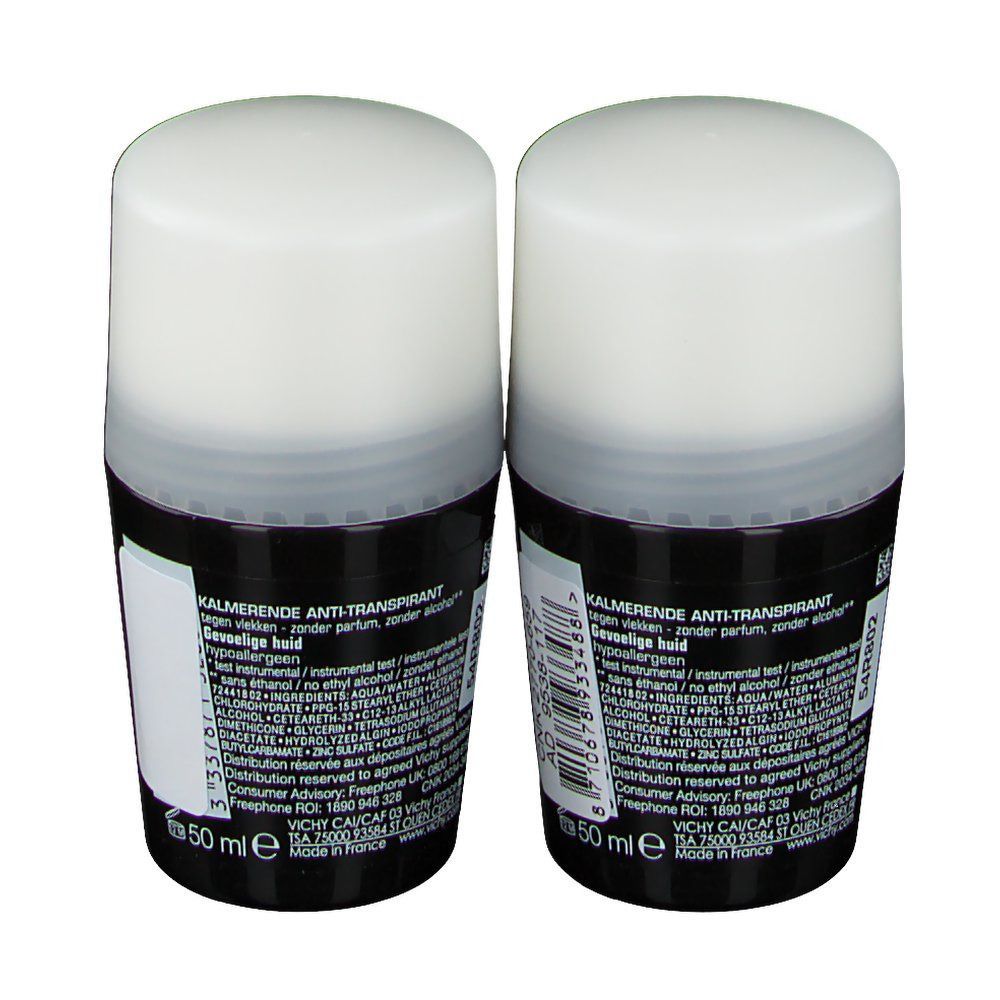 Deux déodorants roll-on noirs et blancs. Étiquettes avec informations produit et code-barres.