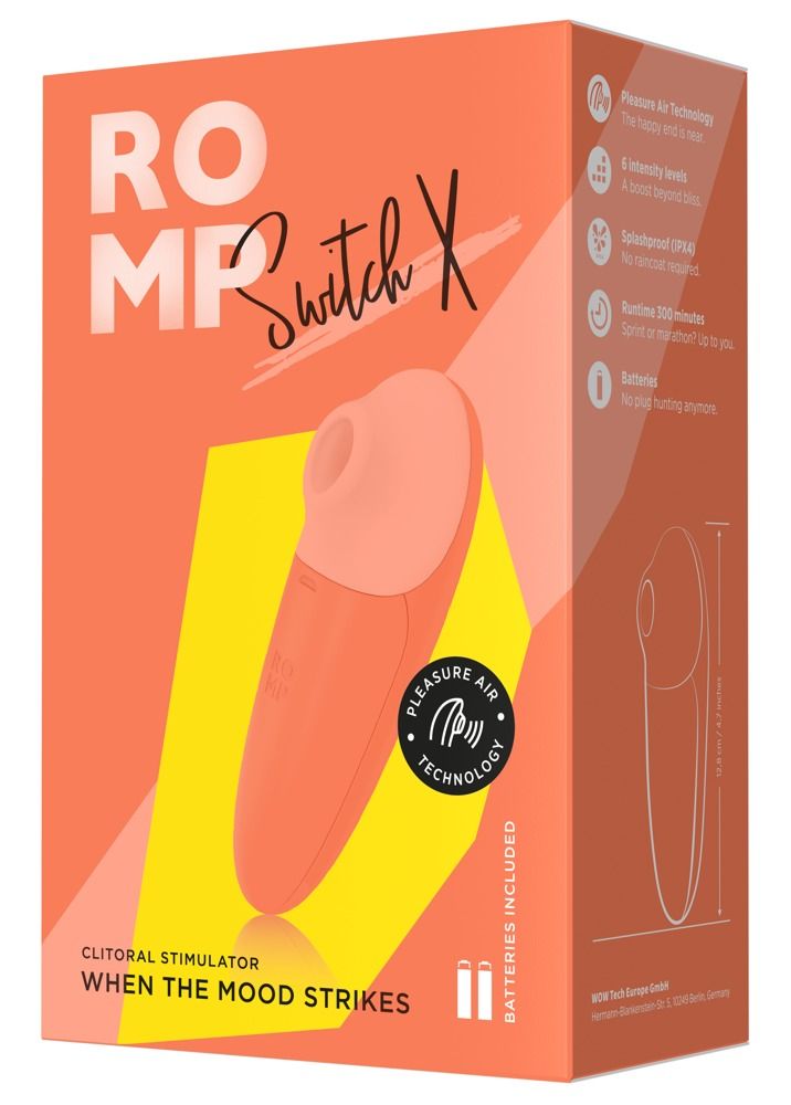 Orangefarbene Verpackung mit Produktabbildung. Text: ROMP Switch X, Clitoral Stimulator, When the mood strikes. Enthält Batterien. Weitere Details.