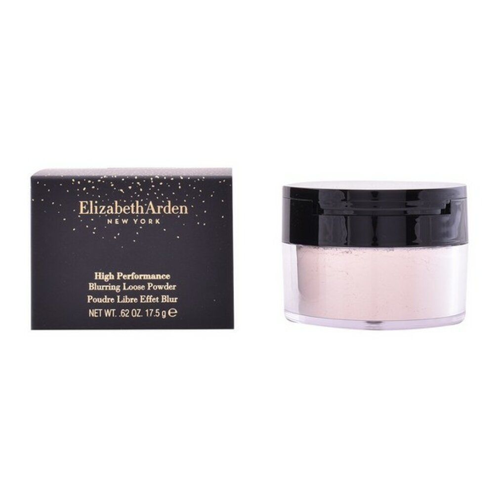 Transparenter loser Puder und Verpackung. Schwarze Schachtel mit Markennamen und Produktbezeichnung. Transparenter Behälter.