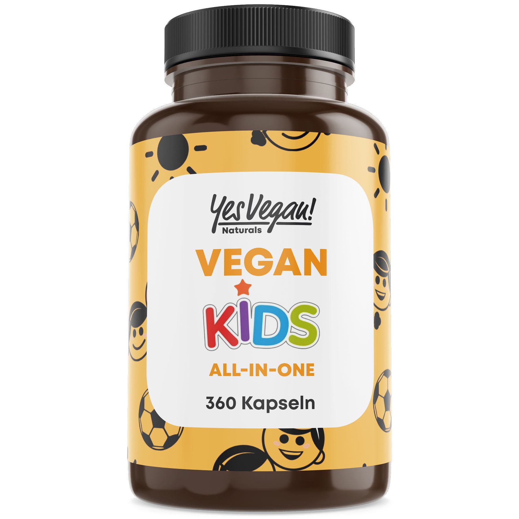 Braune Flasche mit schwarzen Deckel. Aufschrift: YesVegan! Naturals, Vegan Kids All-in-One, 360 Kapseln. Gelbes Etikett mit Illustrationen.