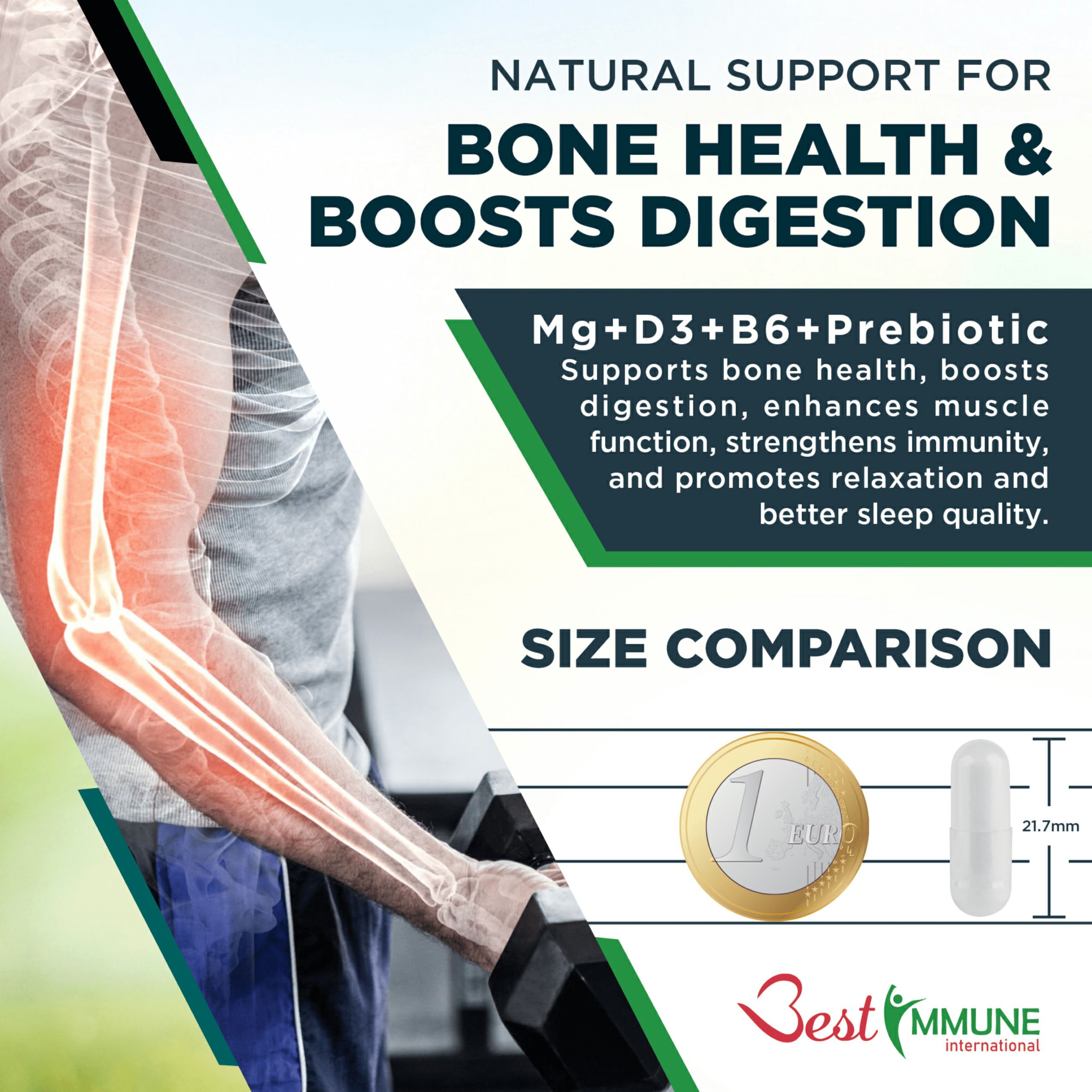 Vergleich: Kapsel neben 1-Euro-Münze. Text: Mg+D3+B6+Präbiotikum. Unterstützt Knochengesundheit & Verdauung. Muskel, Immunität, Schlaf.