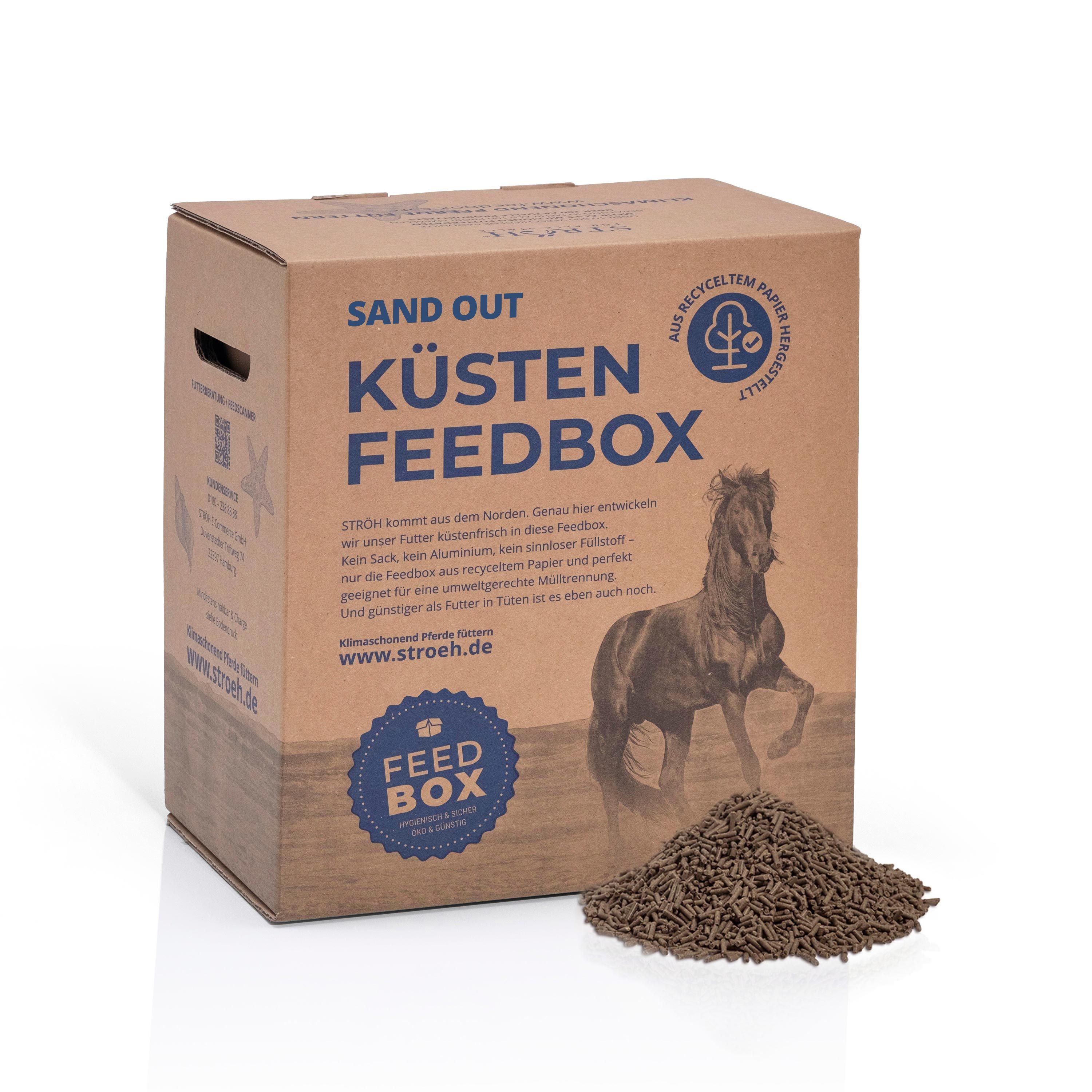 Braune Feedbox mit Produkt und Text. Text: Sand Out, Küsten Feedbox. Abbildung eines Pferdes. Produkt und Futter. Text: Aus Recyclingpapier.