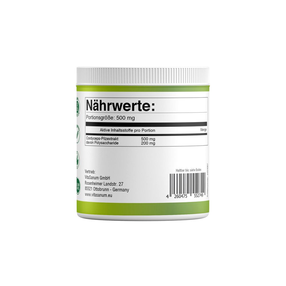 VitaSanum Cordyceps Extract Dose. Grün-weißes Etikett mit Nährwertangaben. Cordyceps-Pilzextrakt. Barcode.