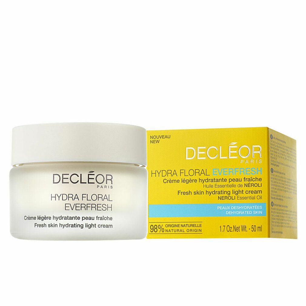 Creme-Tiegel und Schachtel. Aufschrift: Hydra Floral Everfresh. Gelbe Schachtel mit Produktinformationen.