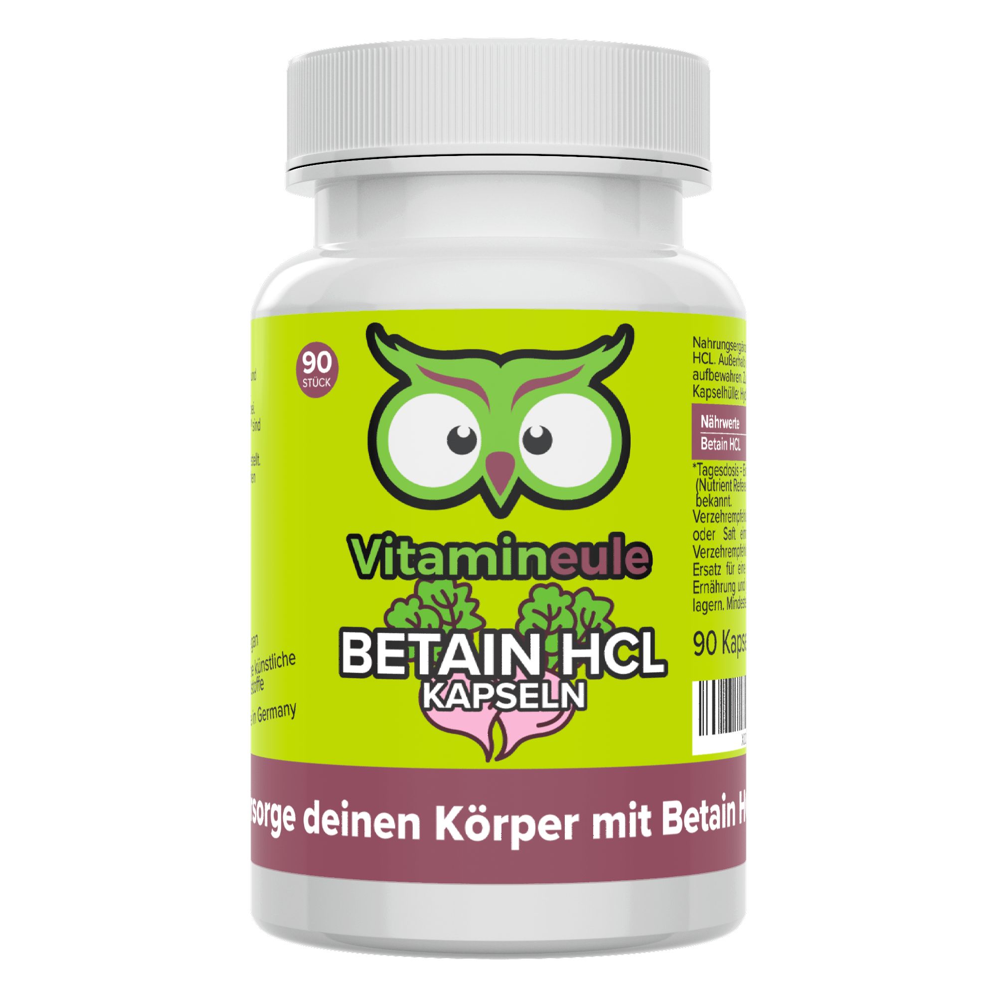 Weißes Pillenglas mit grünem Etikett. Aufschrift: Vitamineule, Betain HCL Kapseln. 90 Kapseln.