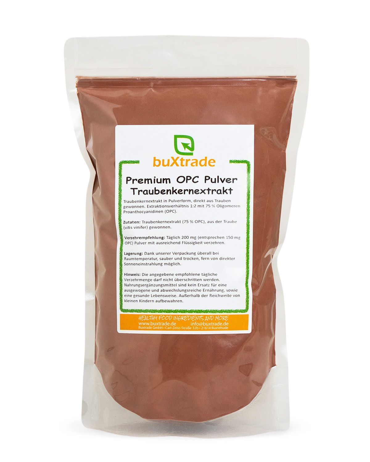 Verpackung mit buXtrade OPC Pulver Traubenkernextrakt Etikett.