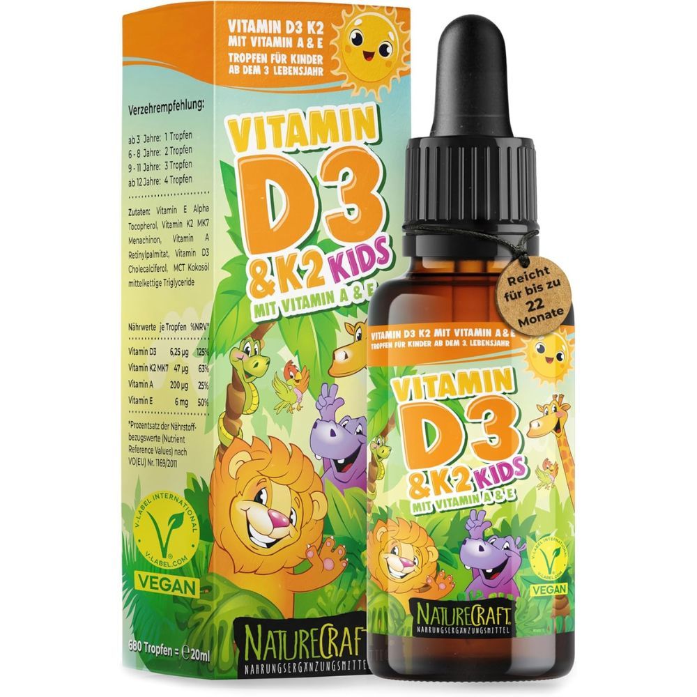 Tropfenflasche und Verpackung. Aufschrift: Vitamin D3 & K2 KIDS. Mit Vitamin A & E. Vegan. NatureCraft. Tropfen für Kinder.