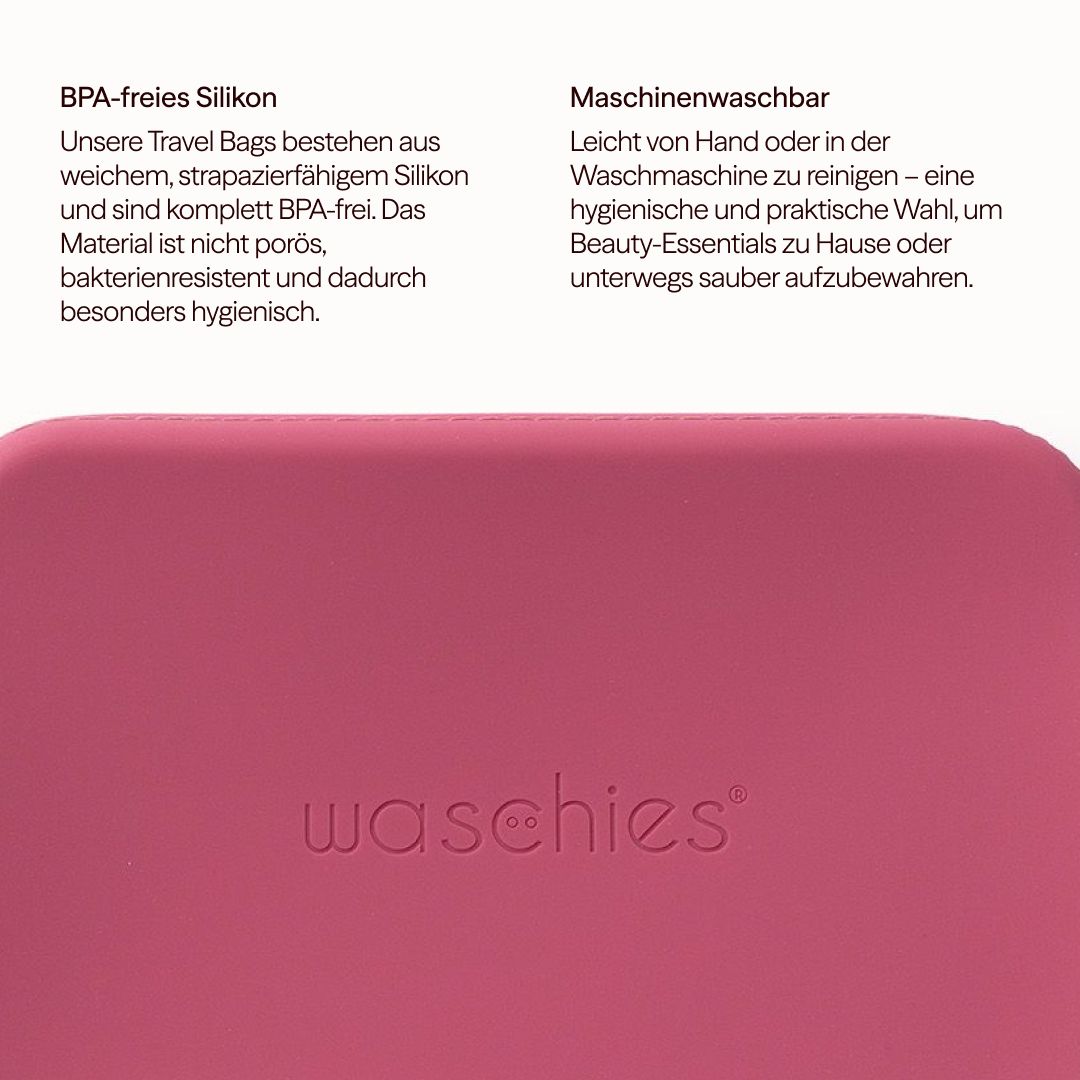 Detailansicht einer pinkfarbenen Travel Bag mit dem Logo "waschies". Text: BPA-freies Silikon, maschinenwaschbar.