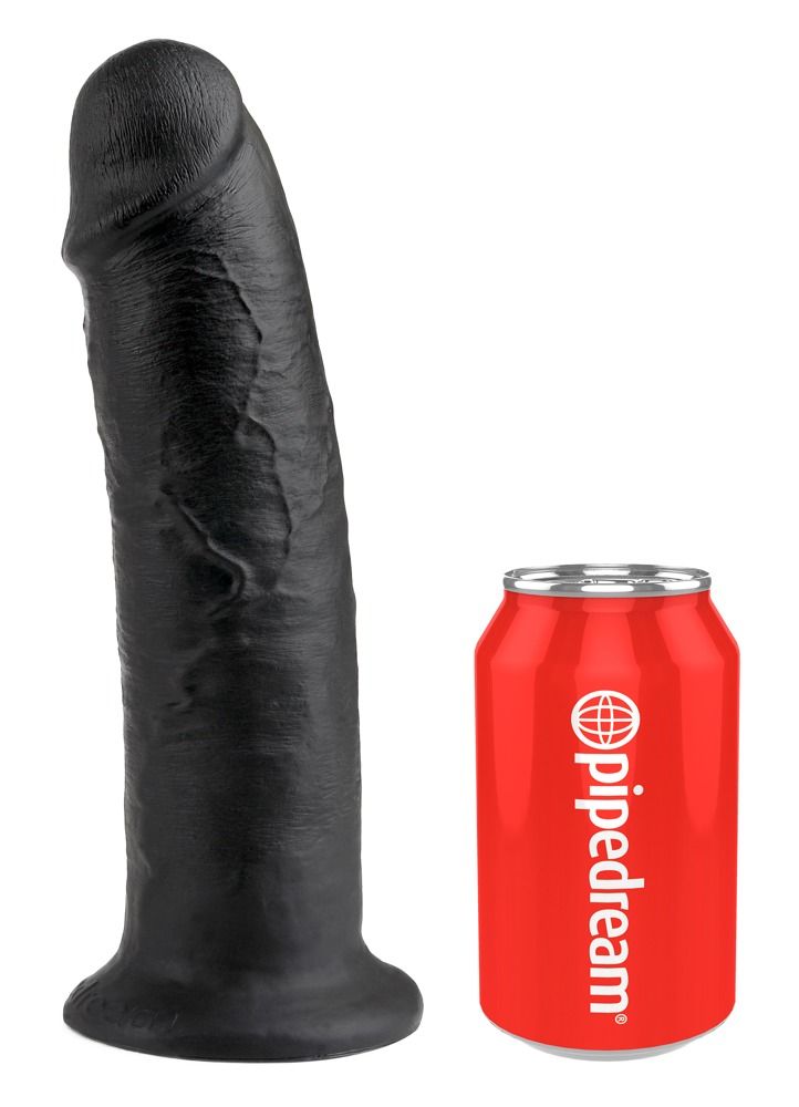 Schwarzer Dildo neben roter Getränkedose mit weißem Logo.