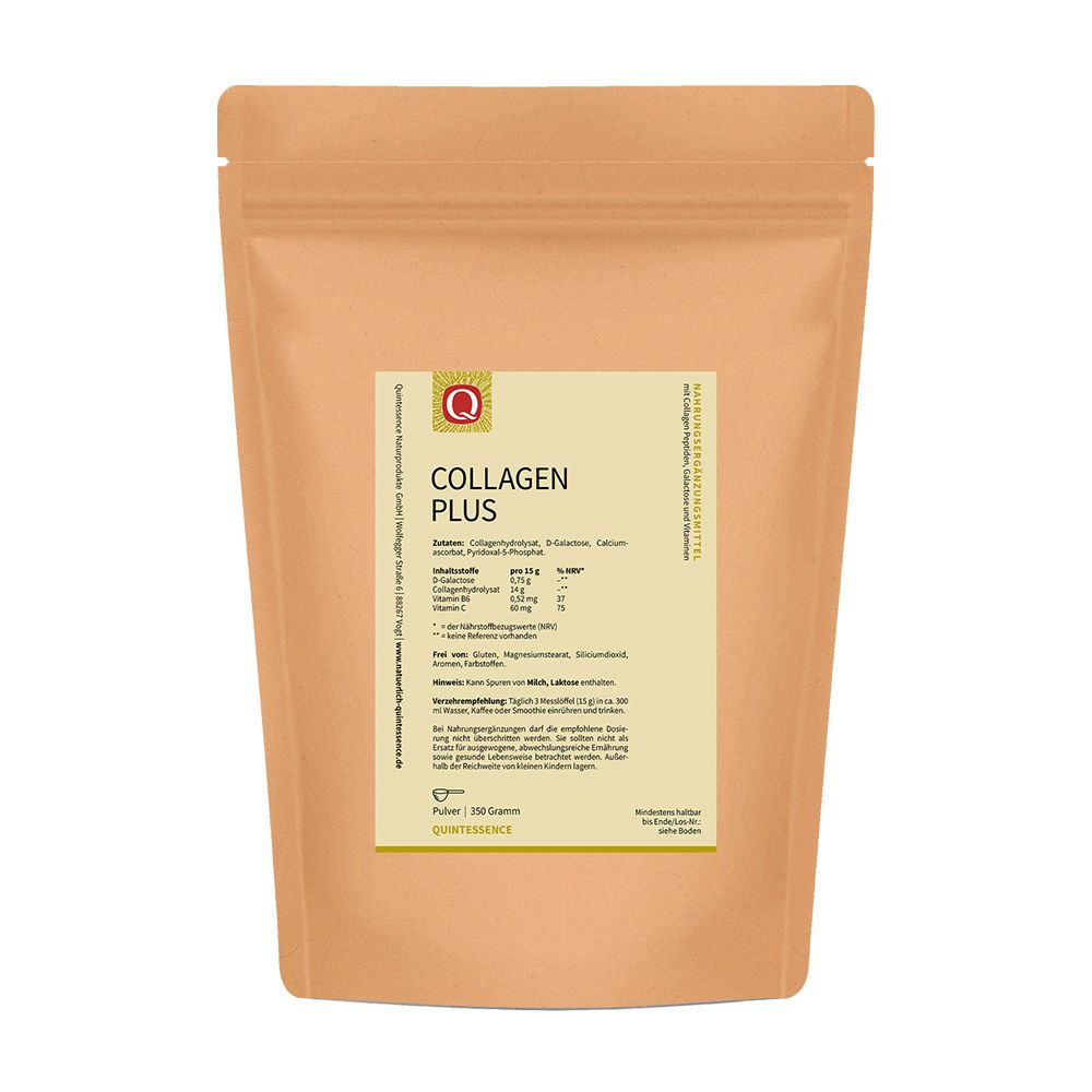 Beutel mit Produktinformationen. Aufschrift: Collagen Plus. Zutatenliste, Nährwertangaben. Marke: Quintessence.