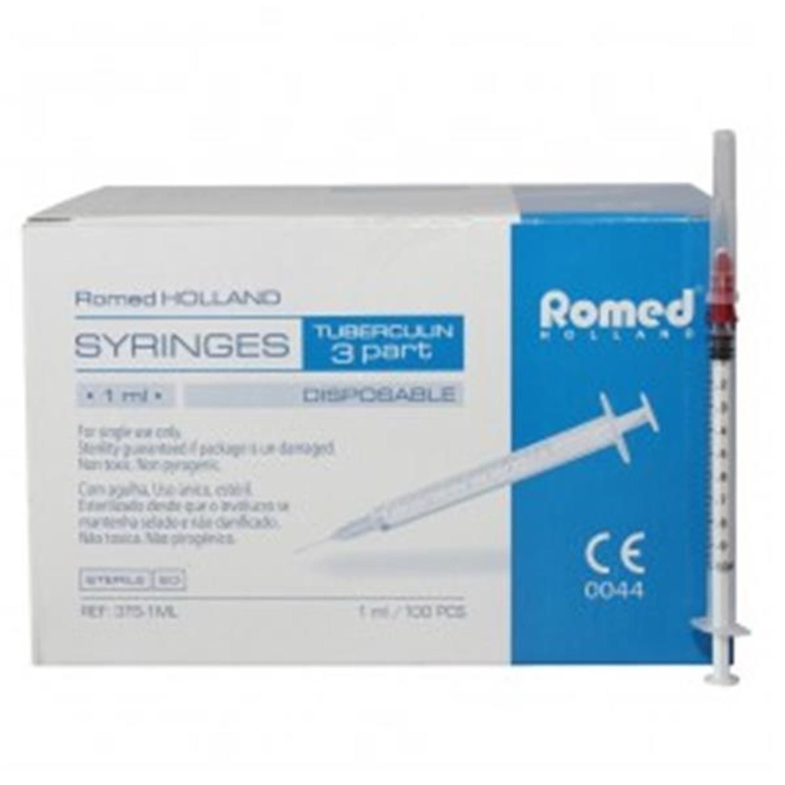 Verpackung mit Spritzen. Aufschrift: Romed, Syringes, Tuberkulin 3-teilig, CE-Kennzeichnung. Eine Spritze liegt daneben.