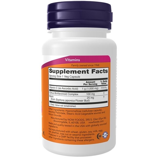 Weiße Flasche mit lila Deckel. Etikett mit Vitamin C-Informationen. Schriftzug: NOW FOODS. Enthält 1000 mg Vitamin C.