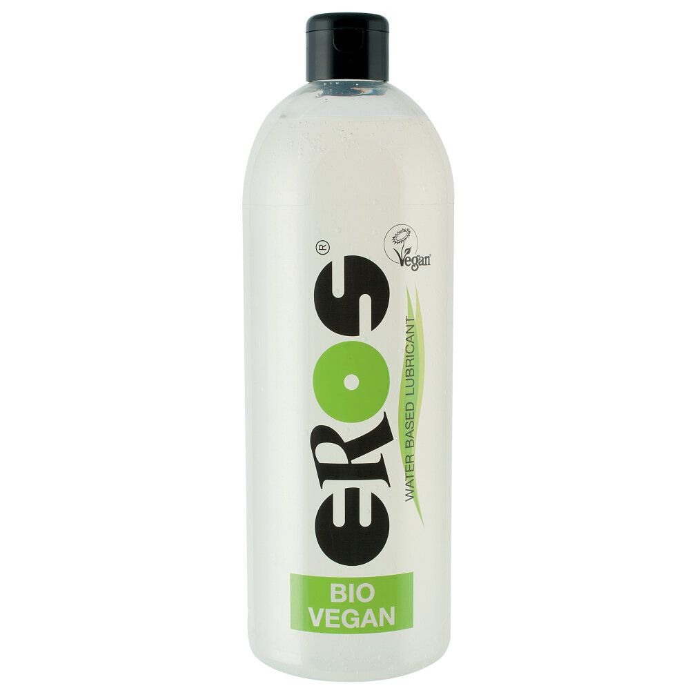 Flasche mit schwarzem Deckel. Aufschrift: Eros, Bio Vegan, Wasserbasiertes Gleitmittel. Vegan-Siegel.