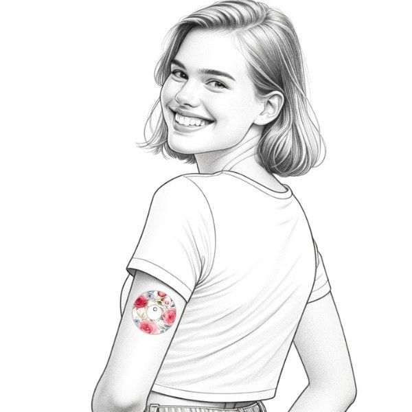 Skizze einer Person mit einem Fixierpflaster am Arm. Pflaster mit Rosenmuster. Für CGM-Sensoren und Insulinpumpen.