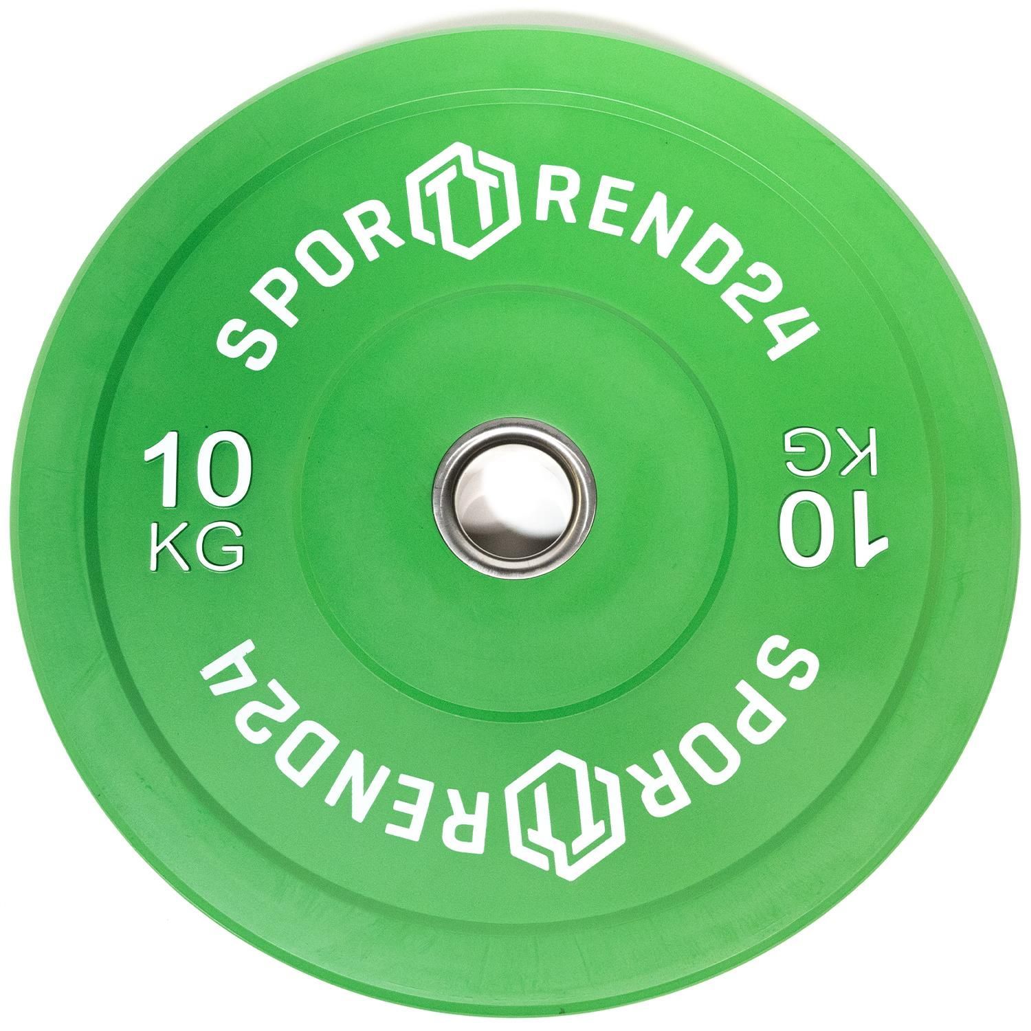 Grüne Sporttrend24 Bumper Plate. Gewicht: 10 kg. Aufschrift: Sporttrend24. Runde Form mit Metallkern.
