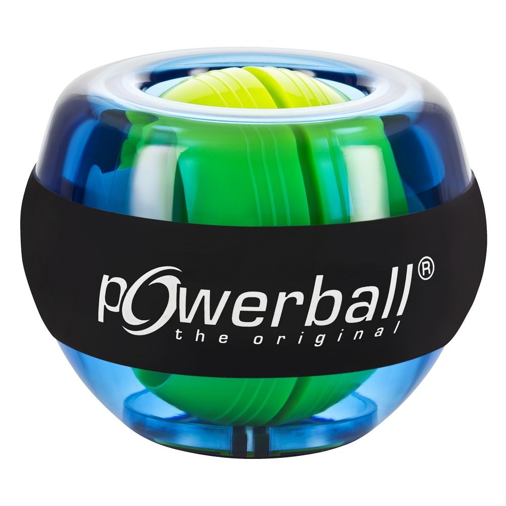 Kernpower Powerball Basic: Ein runder Handtrainer mit blauem Gehäuse und grünem Rotor. Schwarzes Band mit weißem Logo.