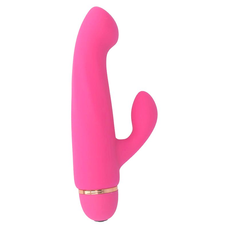Pinkfarbener Vibrator mit gebogener Form. Goldfarbener Ring am unteren Ende. Glatte Oberfläche.