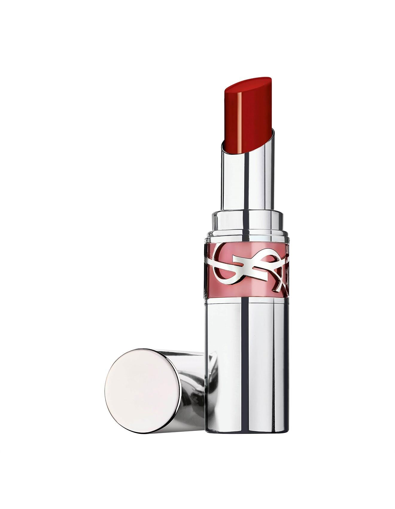 Roter Lippenstift in silberner Hülse. Deckel daneben. YSL-Logo sichtbar.
