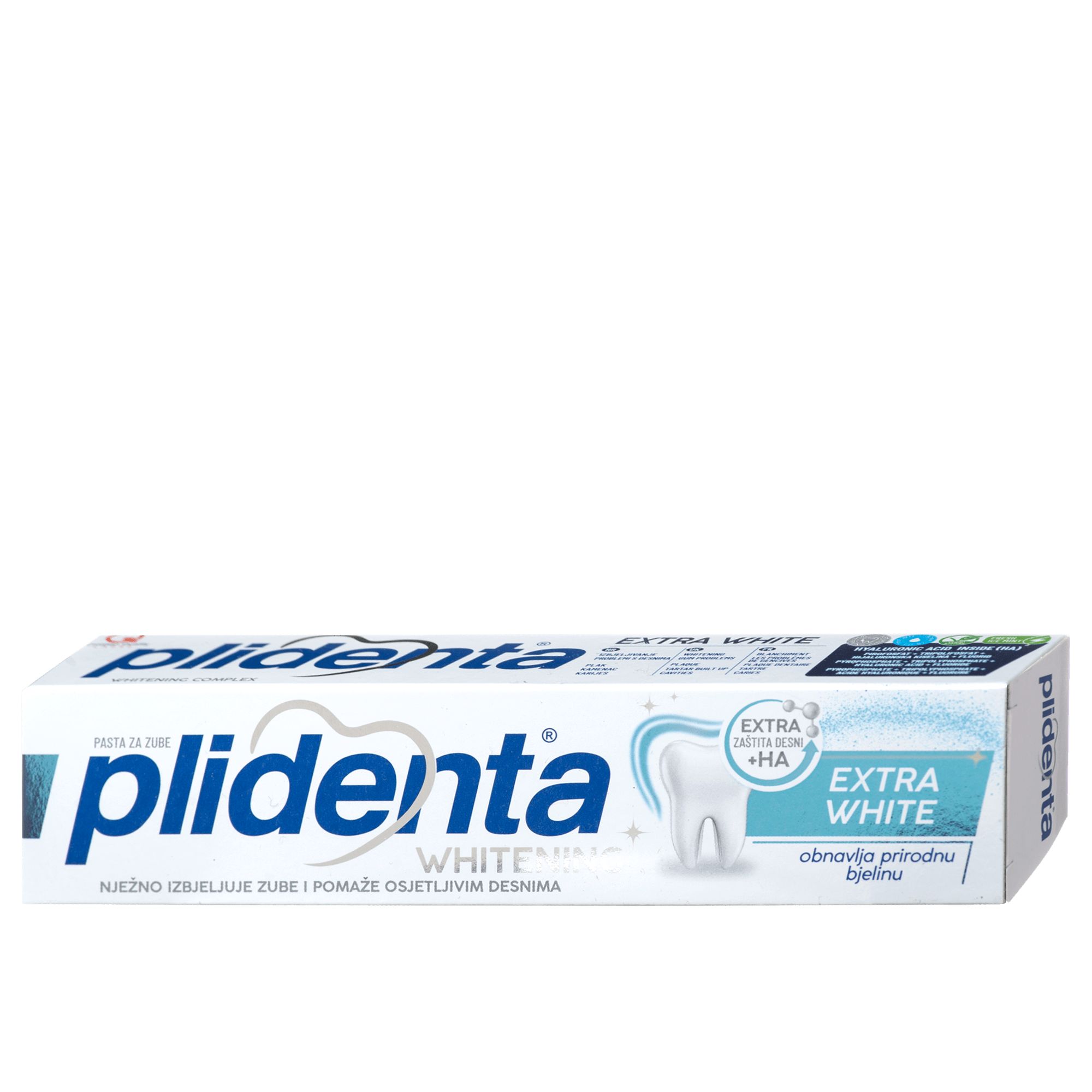 Zahncreme-Tube, weiß mit blauer Schrift. Aufschrift: plidenta, EXTRA WHITE. Enthält HA. Für weißere Zähne und empfindliches Zahnfleisch.