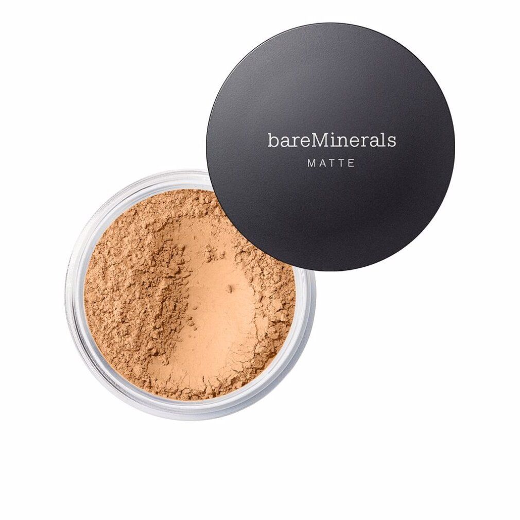 Offene Dose mit losem Puder. Deckel daneben, mit "bareMinerals MATTE" beschriftet. Puder in hellem Hautton.