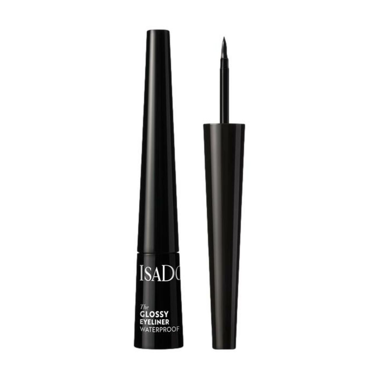 Schwarzer Eyeliner von IsaDora. Flasche und Applikator. Aufschrift: The Glossy Eyeliner Waterproof.