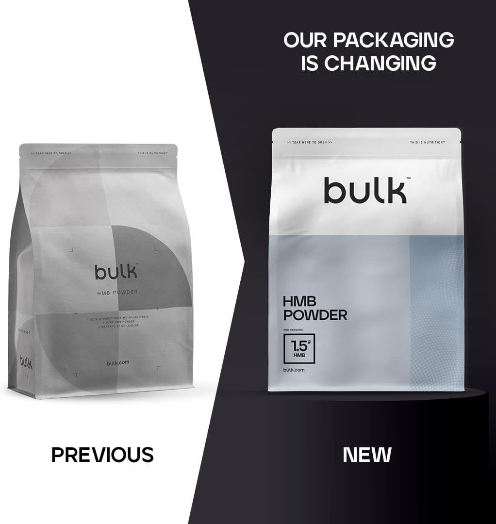 Vergleich: Alte und neue "bulk"-Verpackung. Links: Grau. Rechts: Weiß mit "HMB Powder".
