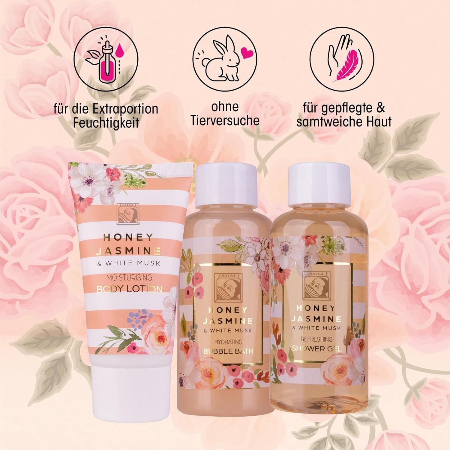 Drei Produkte: Bodylotion, Duschgel und Schaumbad. Text: Honey Jasmine & White Musk. Ohne Tierversuche.