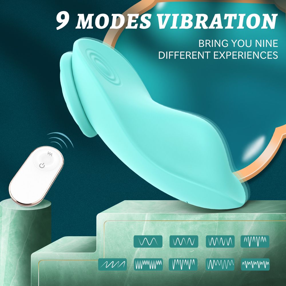 Türkisfarbenes Wellness-Produkt. Mit Fernbedienung. Text: 9 MODES VIBRATION.