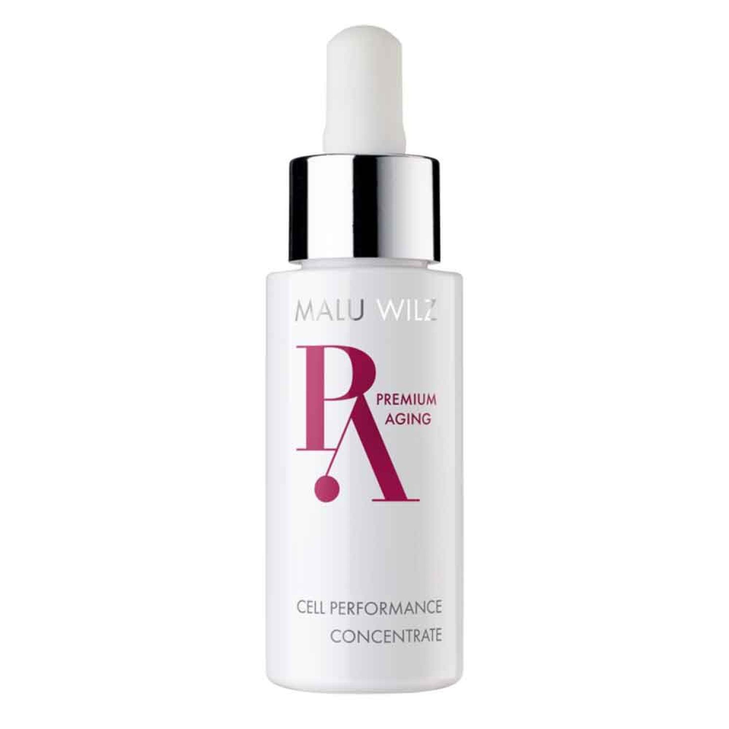 Weiße Flasche mit silbernem Verschluss und Pipette. Aufschrift: Malu Wilz, Premium Aging, Cell Performance Concentrate.