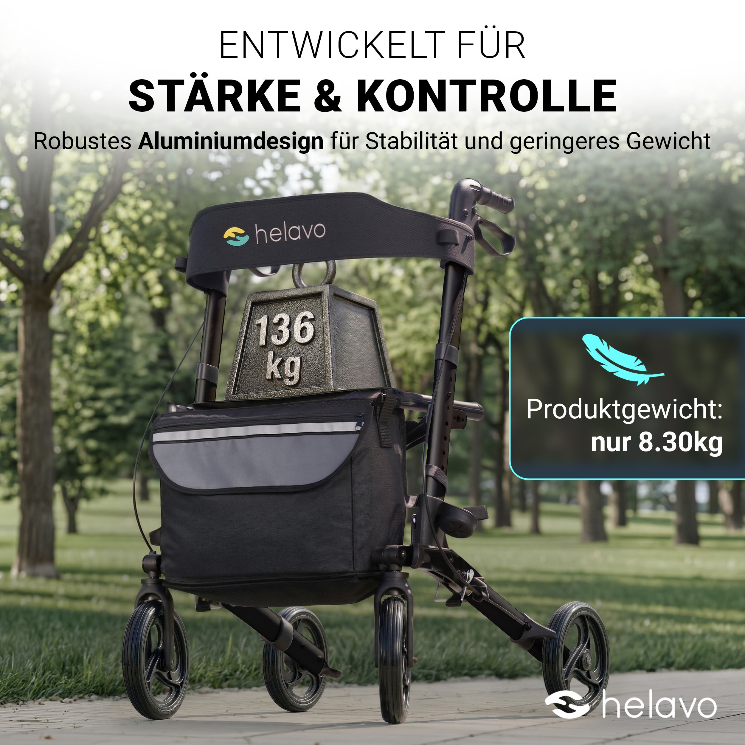 Helavo Aluminium Rollator faltbar mit Sitzfläche und Reisetasche leicht 8,3kg