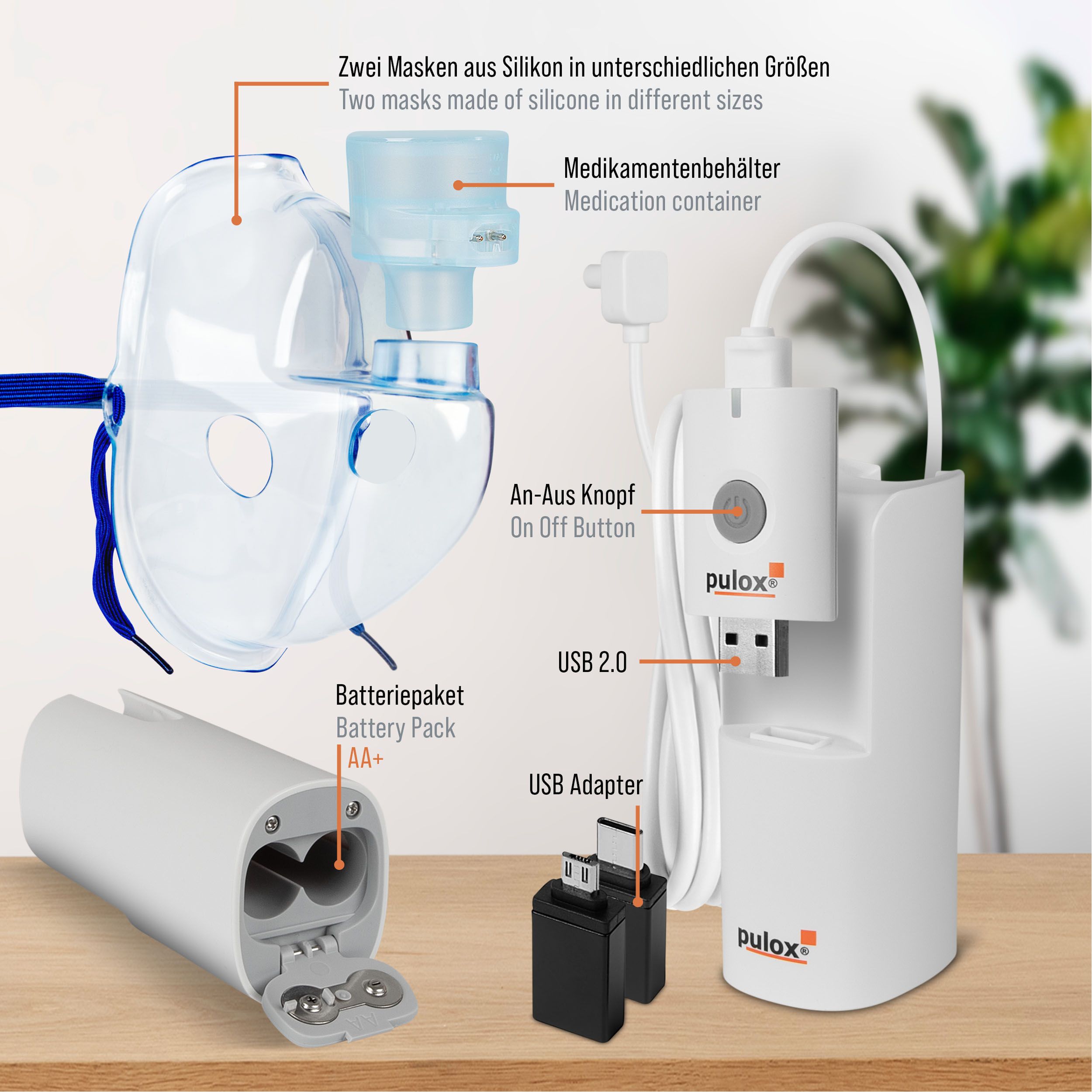 Pulox IN-200 Vapo Portabler Vernebler Nebulizer Inhalationsgerät mit Maske für Erwachsene und Kinder