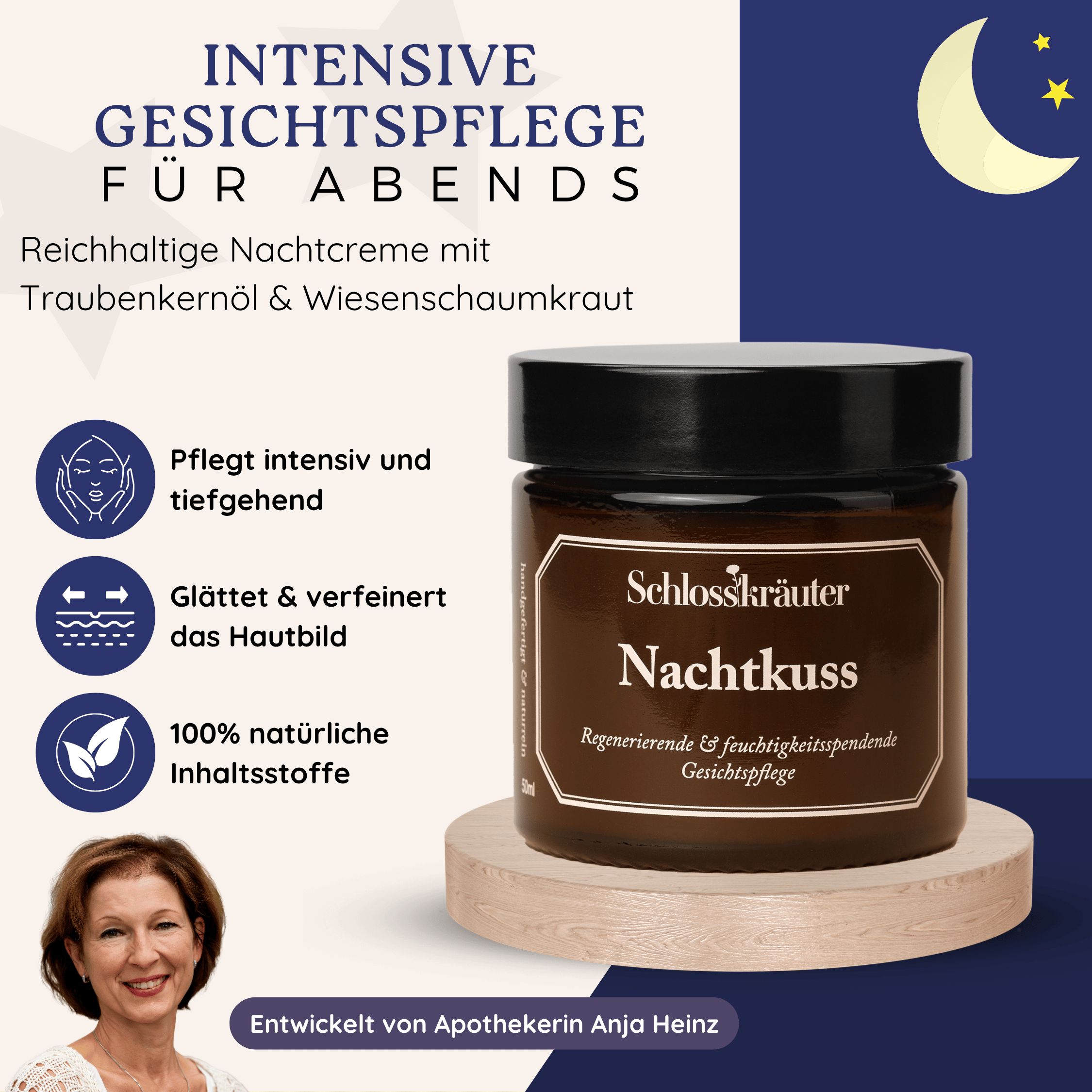 Produkt auf Holzsockel. Text: Intensive Gesichtspflege für abends. Schlosskräuter Nachtkuss. Frau lächelt. Mond und Sterne.