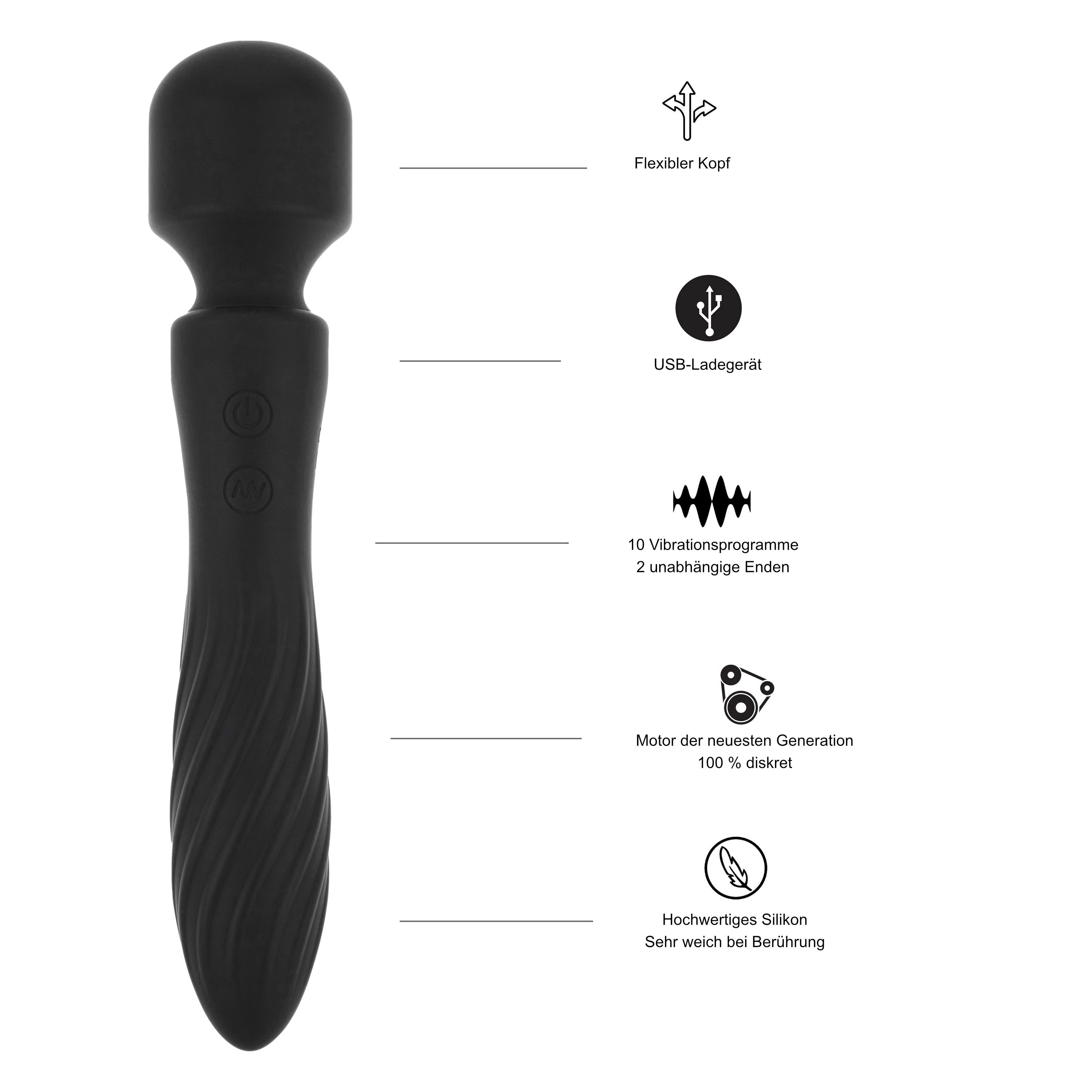 Schwarzer Vibrator mit flexibler Spitze, USB-Ladekabel, 10 Vibrationsprogrammen.