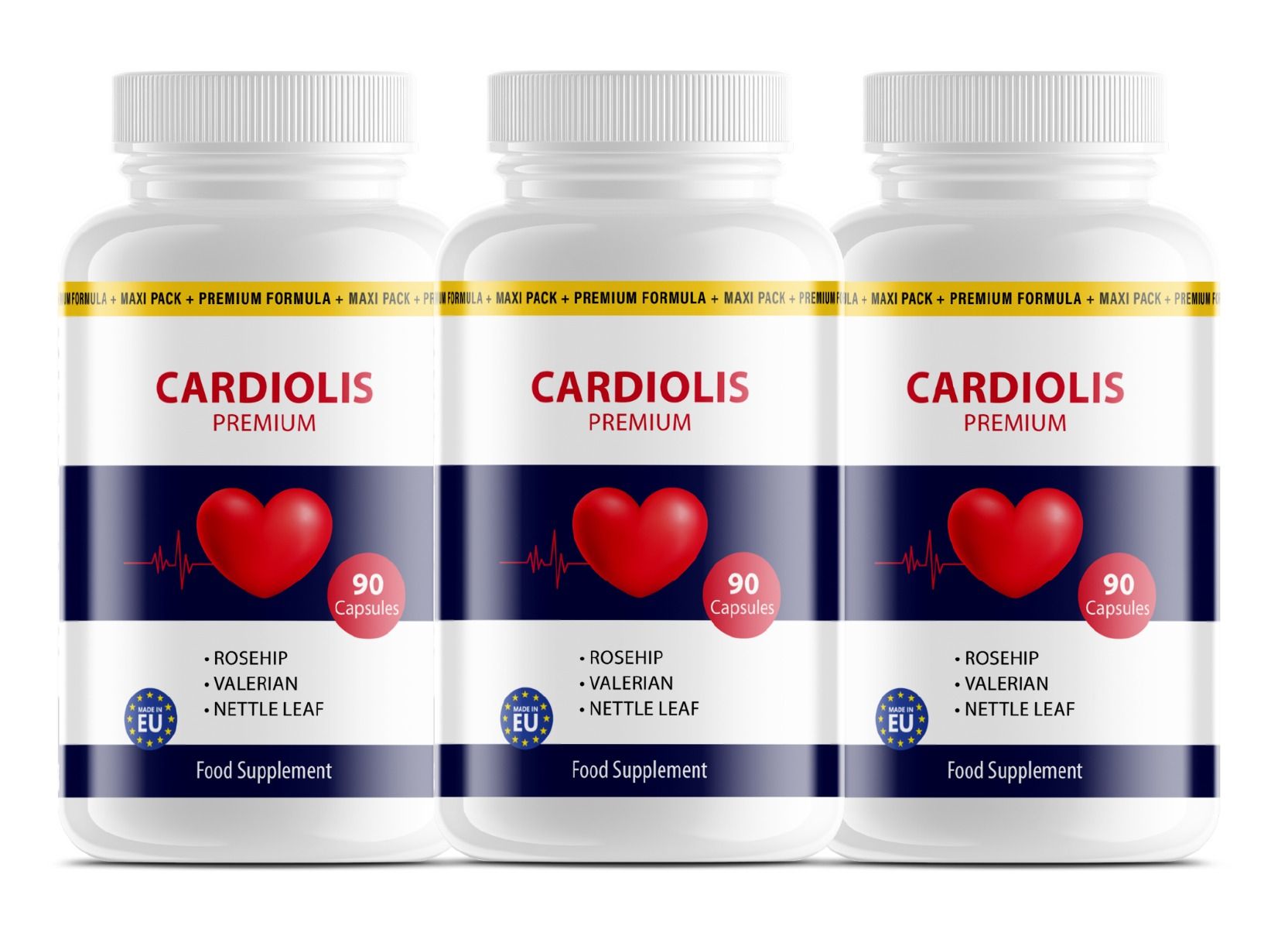 Drei weiße Kapselpackungen nebeneinander. Jede mit rotem Herzsymbol, EKG-Linie und "Cardiolis Premium" Aufschrift.