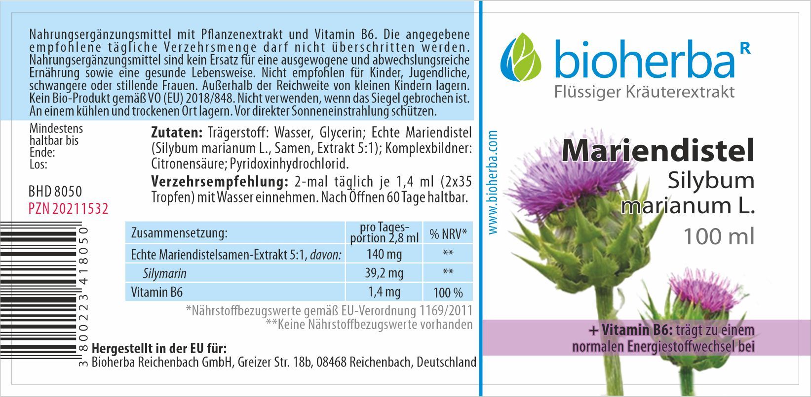 Bioherba Mariendistel Silybum marianum L. Tropfen Tinktur
