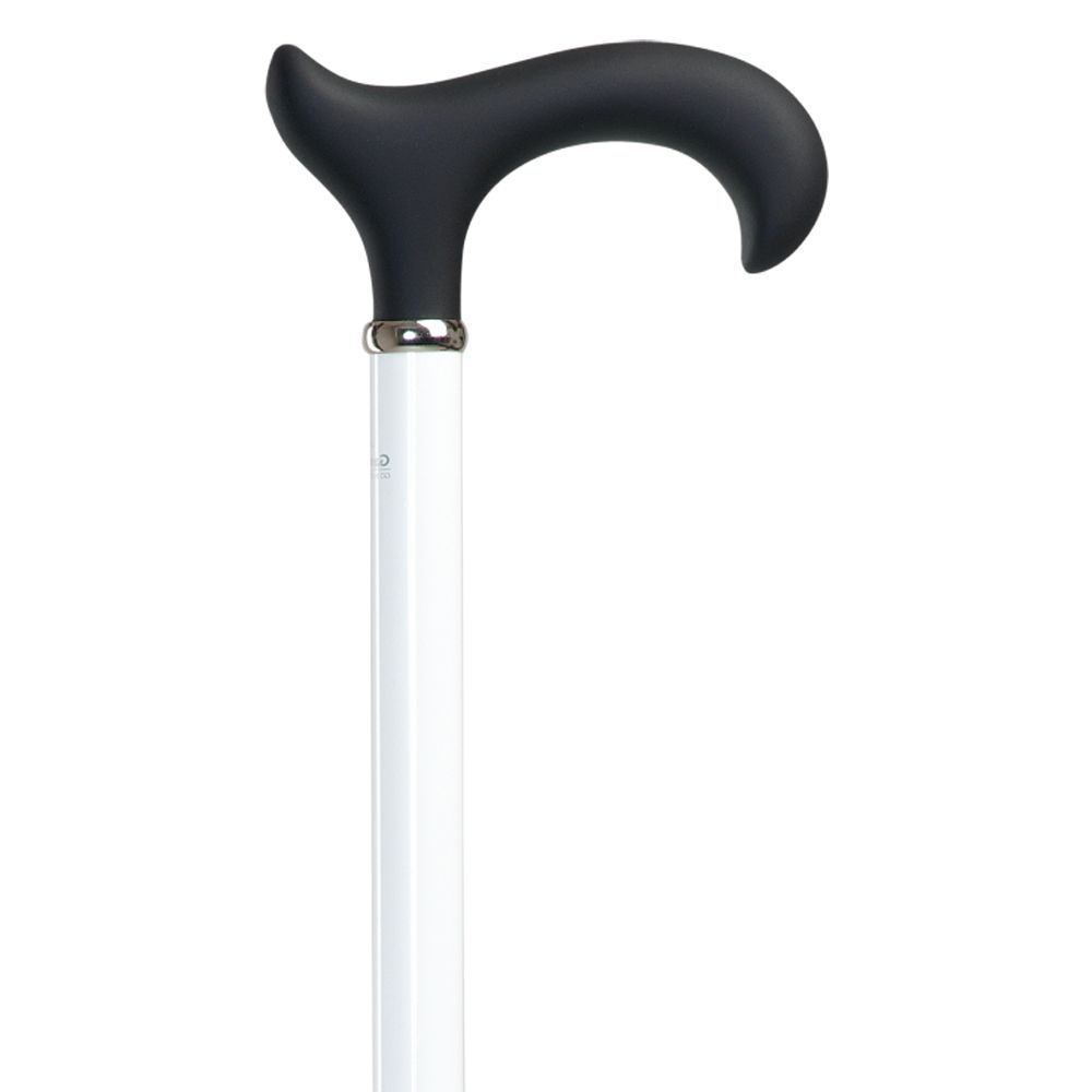 Gehstock mit schwarzem, ergonomischem Griff und weißem Schaft. Metallring am Übergang.