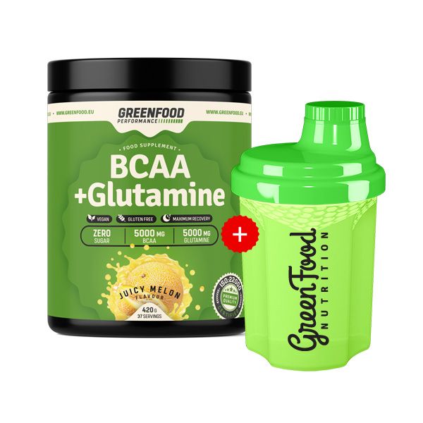 Grünes Supplement-Behälter mit Aufschrift BCAA + Glutamin und Shaker. Aufschrift: Juicy Melon. Vegan, glutenfrei, 5000mg BCAA, 5000mg Glutamin.