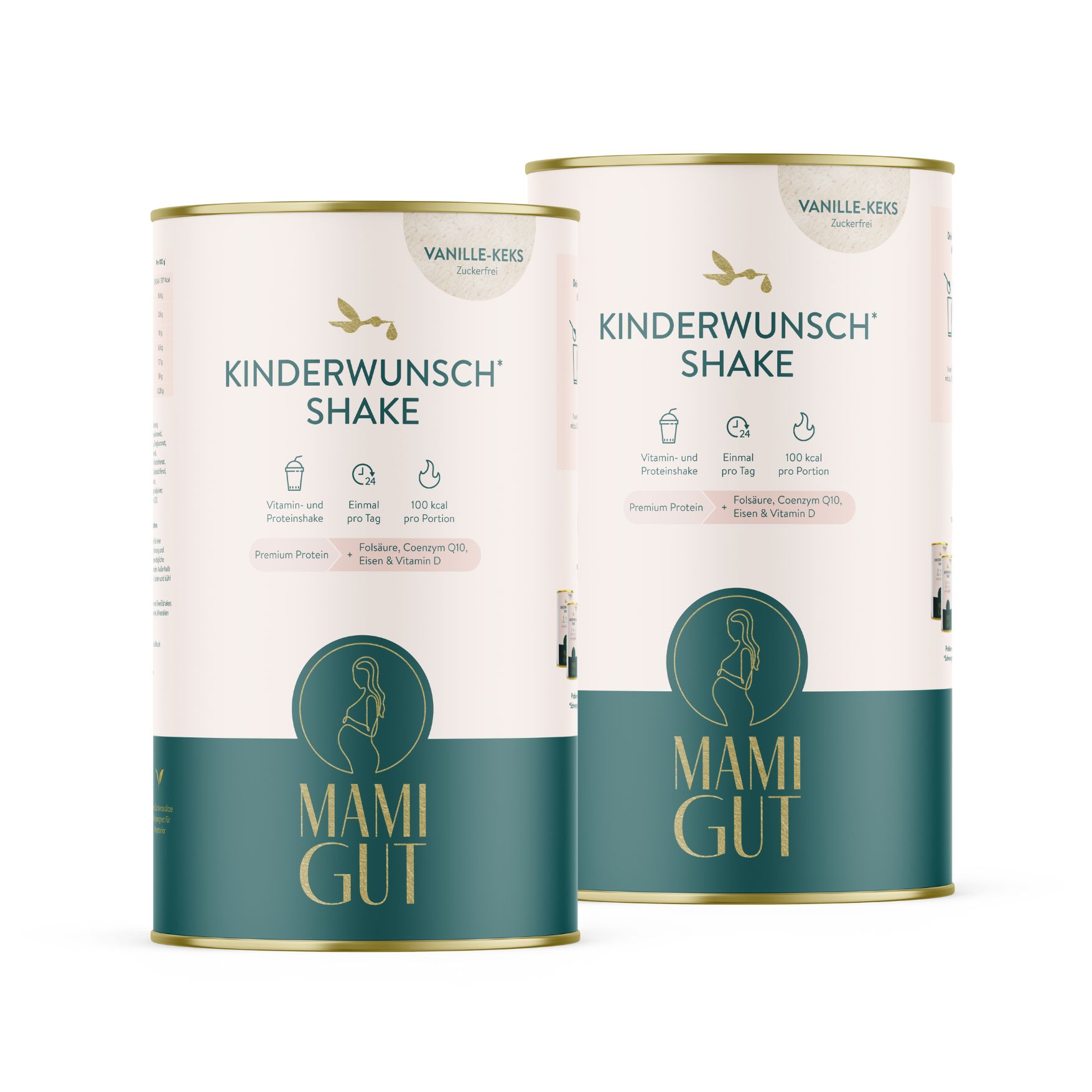 Zwei Dosen MamiGut Kinderwunsch Shake. Aufschrift: Vanille-Keks, Kinderwunsch Shake, Mami Gut. Enthält Vitamine, Proteine, Omega 3.