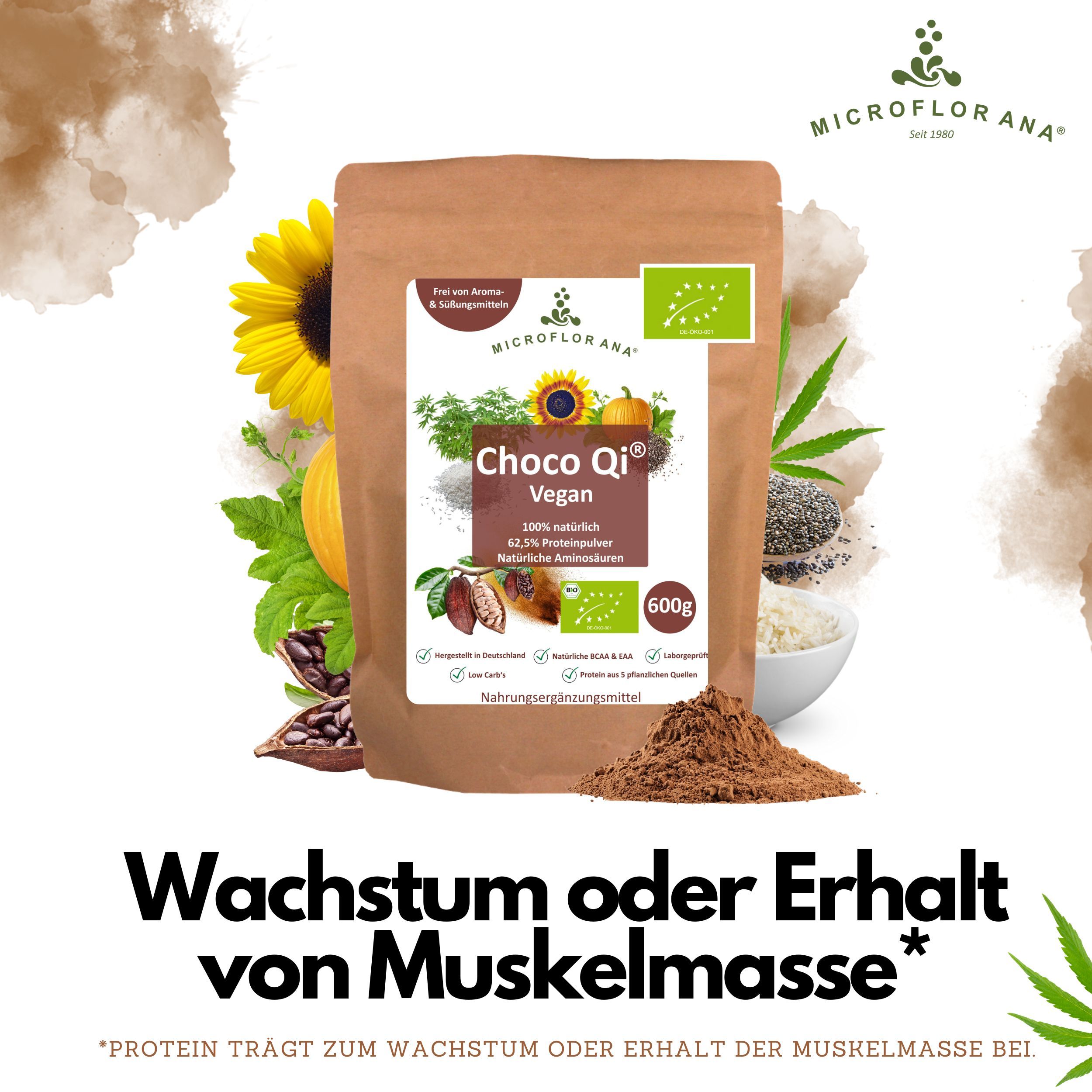 MICROFLORANA® - Bio Proteinpulver vegan - Inkl. Dosierhilfe - 30 mal Eiweiss-Shake - Choco Qi®